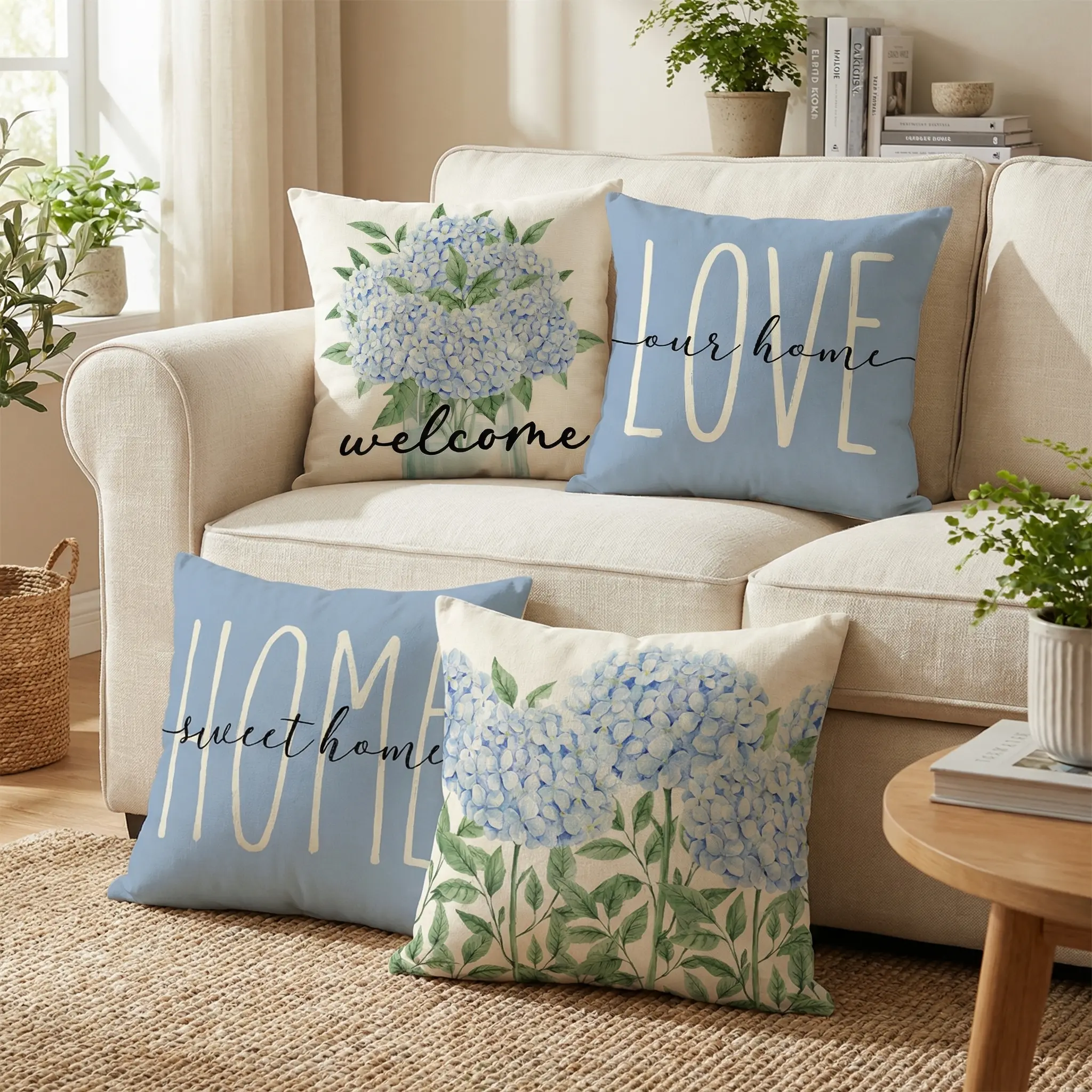 Set of 4 Hydrangea Decorative Throw Pillow Covers - Blue Hydrangea Floral Bless Home Linen Cushion Case for Farmhouse Decor Room Bedroom Sofa Chair Car 0201YT