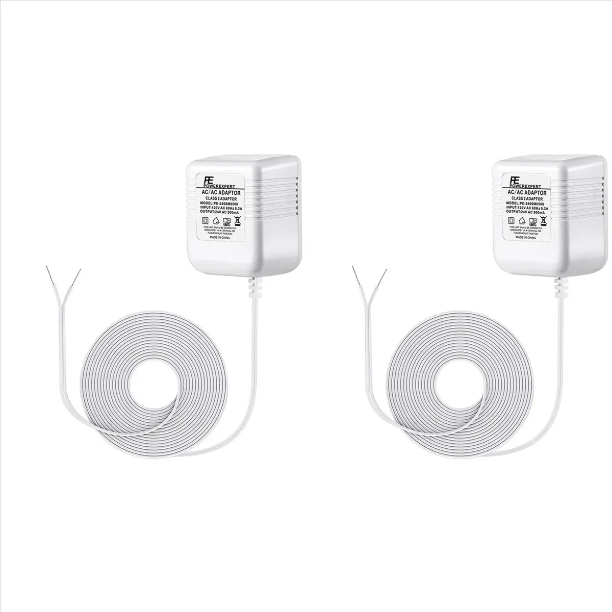 2-Pack 24V Smart Doorbell Transformer AC-DC Power Supply, US Plug Type, for Ring, Arlo, Nest Video Doorbells, 16.4 ft Cord Continuous Charge, US Standard C Wire, Smart Home Use, Ac Adapter