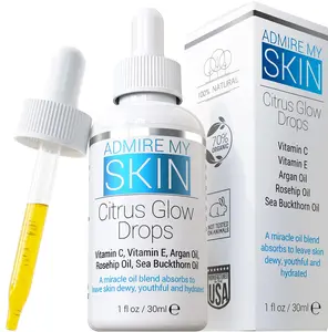 Admire My Skin Citrus Glow Drops - Vitamin C, Vitamin E, Sea Buckthorn, Argan & Rosehip Oils - Moisturizing Organic Gua Sha Facial Oil Serum for Glowing Skin