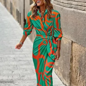 Women's Geo Print Tied Detail  Dress button front lapel  baseball jersey premium baseball  trendy shirt