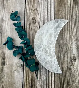 Natural Genuine Selenite moon Charging plates, crescent and full moon selenite plates for decor charging crystals candle plate natural healing and protective Selenite plates, moon phase decor