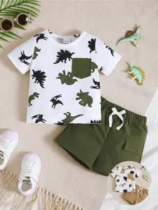 Ready Stock 6m-3y Toddler Boys' Casual Summer Outfit Dinosaur Print T-Shirt & Elastic Waist Cargo Shorts 22412053