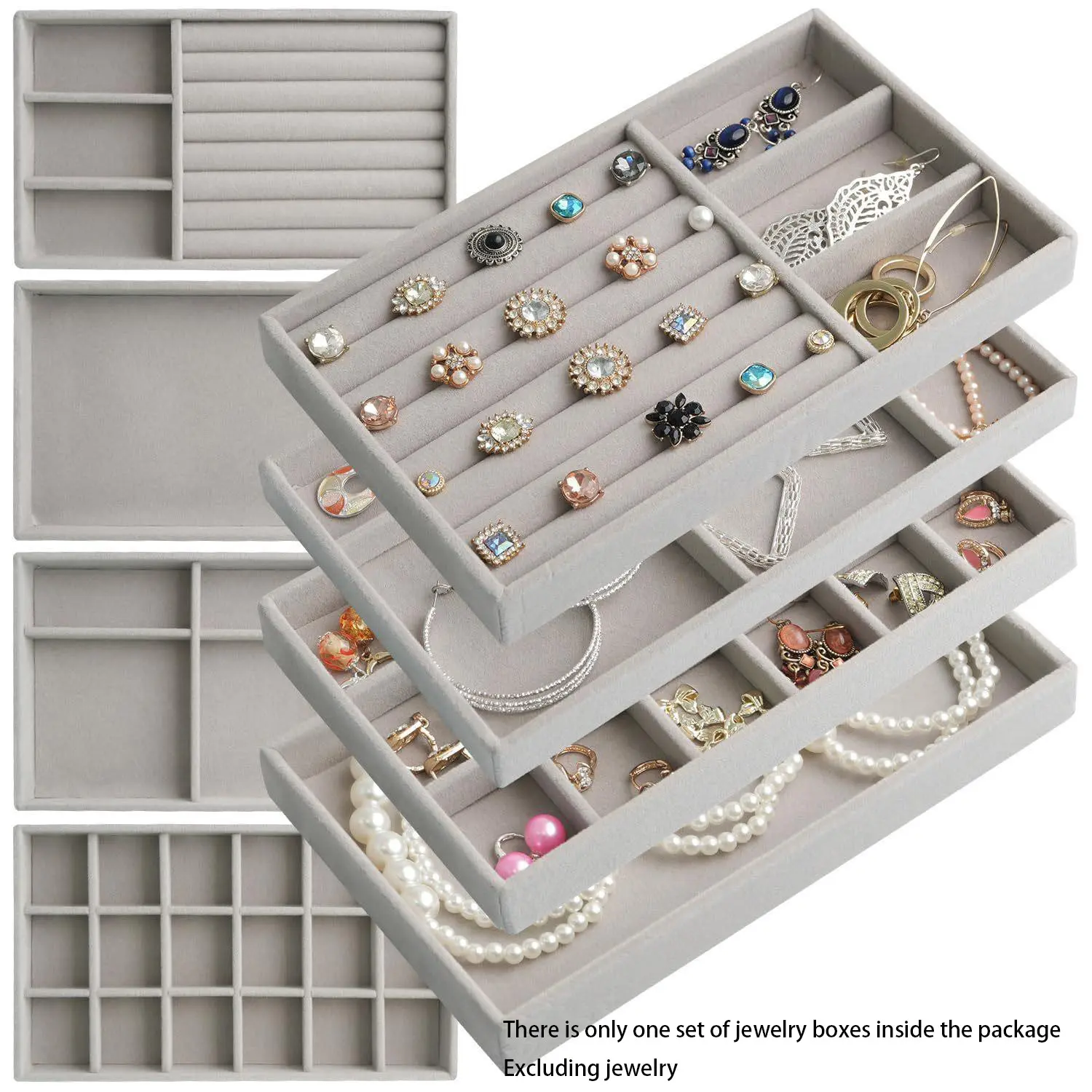 Jewelry Drawer Organizer, Elegant Jewelry Organizer, 4 Set of Stackable Velvet Organizer Tray, Drawer Inserts for Jewelry Organization