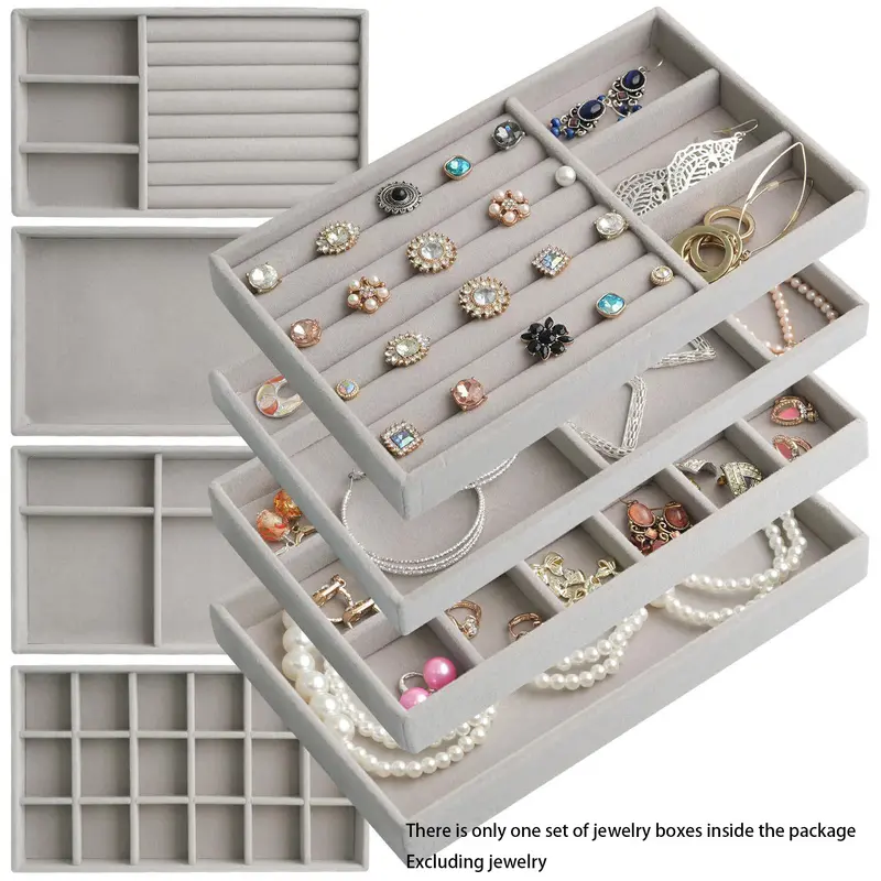 Jewelry Drawer Organizer, Elegant Jewelry Organizer, 4 Set of Stackable Velvet Organizer Tray, Drawer Inserts for Jewelry Organization