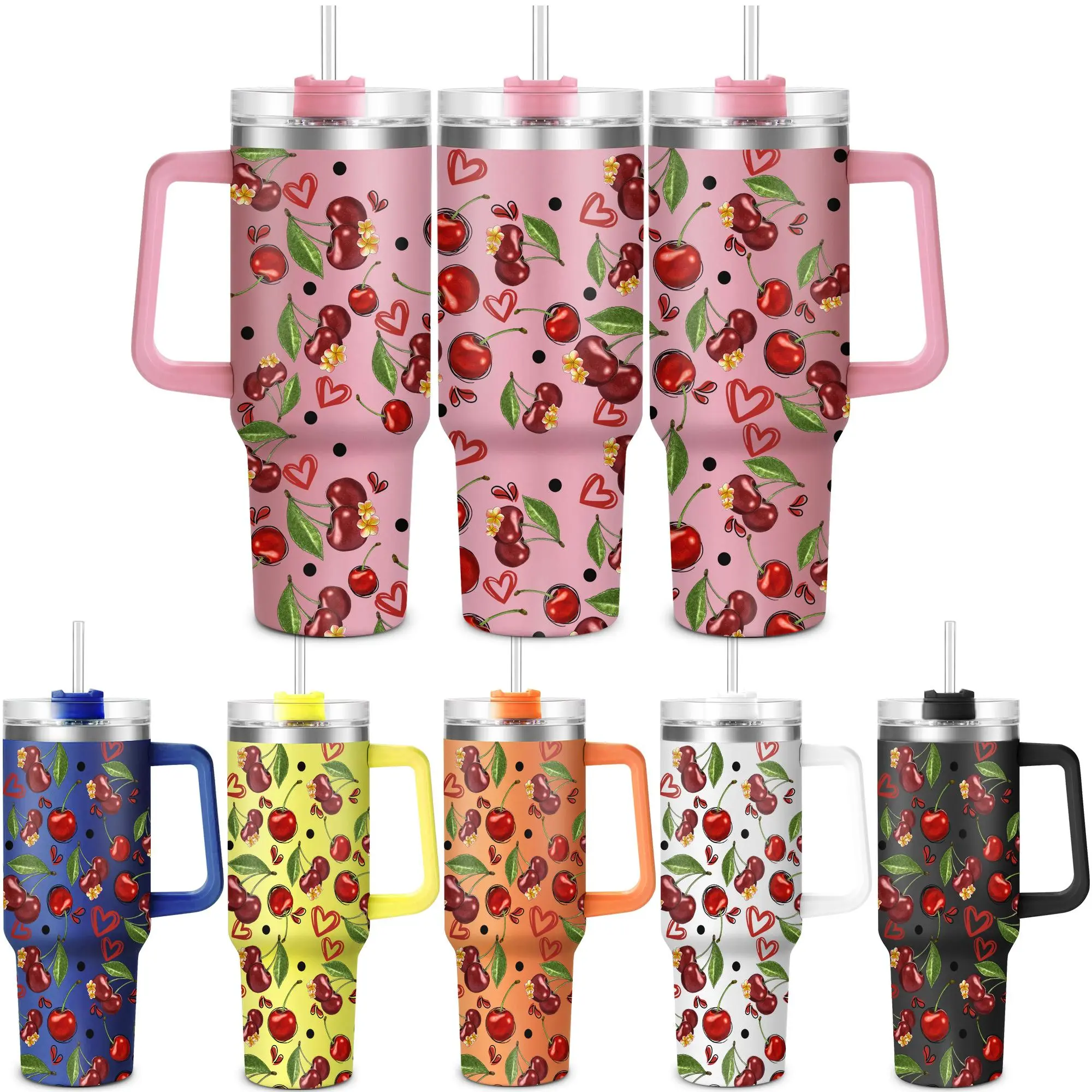 40oz Leak Resistant Tumbler with Lid, 1 Count Cherry Pattern Stainless Steel Water Bottle, Drinking Cup for Home Office School Outdoor Camping, Drinkware