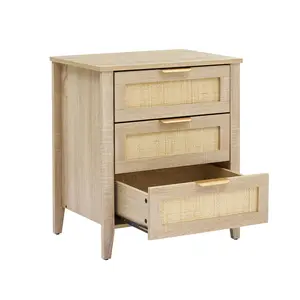 Garvee Rattan Bedside Table with 3 Natural Rattan Drawers, Boho Farmhouse Nightstand Featuring Sturdy Wood Legs, Modern End Table with Ample Storage Drawers for Bedroom or Living Room
