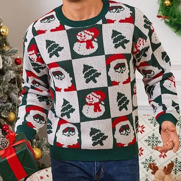 Zaitun Men's Gothic Sweater, Cozy Checkered Knit Top with Vampire Bat & Jack-O-Lantern for Halloween Parties, Tops, Costume, Menswear, Knitwear