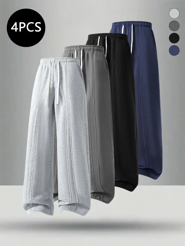 Men’s 4-pack baggy wide-leg sweatpants for spring/fall with contrast stitching and drawstring, high-street versatile casual athletic long pants, loose fit jogger pants, Soho Chic