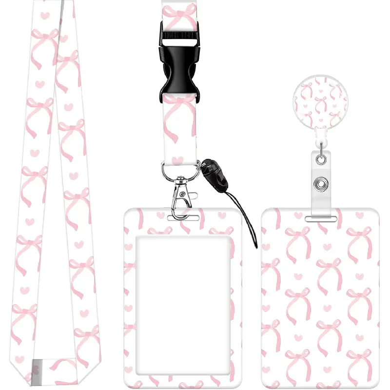 ID Badge Holder with Lanyard,Fashionable Retractable Badge Holders Reels with Lanyards Adjustable, for Women Kids Teacher Nurses Doctor Student(Cute Pink Ribbon Bow)