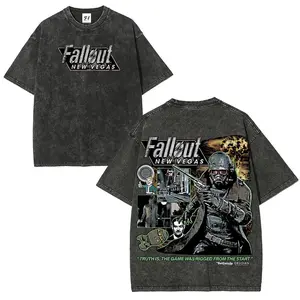 Vintage Fallout 3 New Vegas Green Wash Double Sided Graphic Tee Unisex Heavyweight Cotton Short Sleeve Crew Neck Retro Gaming Streetwear Loose Fit Casual Daily Wear Fan Gift Top for Men Women