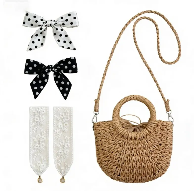 Women's Natural Straw/Bamboo Casual Bag Set - Handwoven Tight Crochet Drawstring Crossbody Bag, Double Handle Woven Handbag, Lace Headband, Half-Moon Boho Purse, Wicker Clutch 2026 (Home Improvement, Building Supplies, Wallpaper & Wall Trim Compatibility)