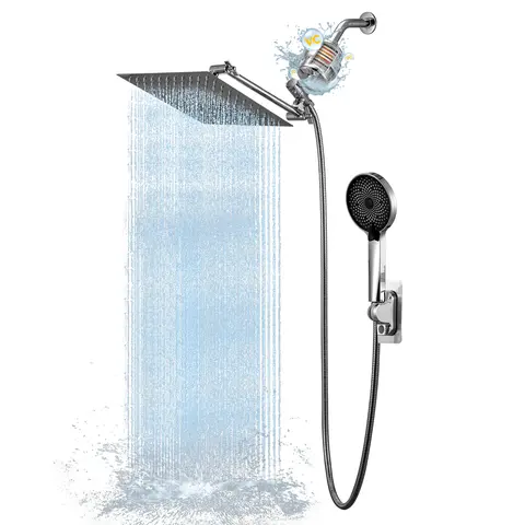 NGNP Shower Head, 10-inch 20-stage Filtration High-Pressure Rain Shower Head with 3-Mode Handheld Spray Combo, Adjustable Dual Rain Shower Head - Shower Head Comb Set with 11-inch Extension Arm - 60-inch Long Shower Hose flow water soft body Stainless Sum