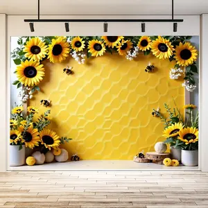 1pc vibrant summer sunflower and bee decorative background banner - honeycomb yellow background, white flower pot, yellow hairball decorative ball - cheerful and warm for summer weddings, garden parties