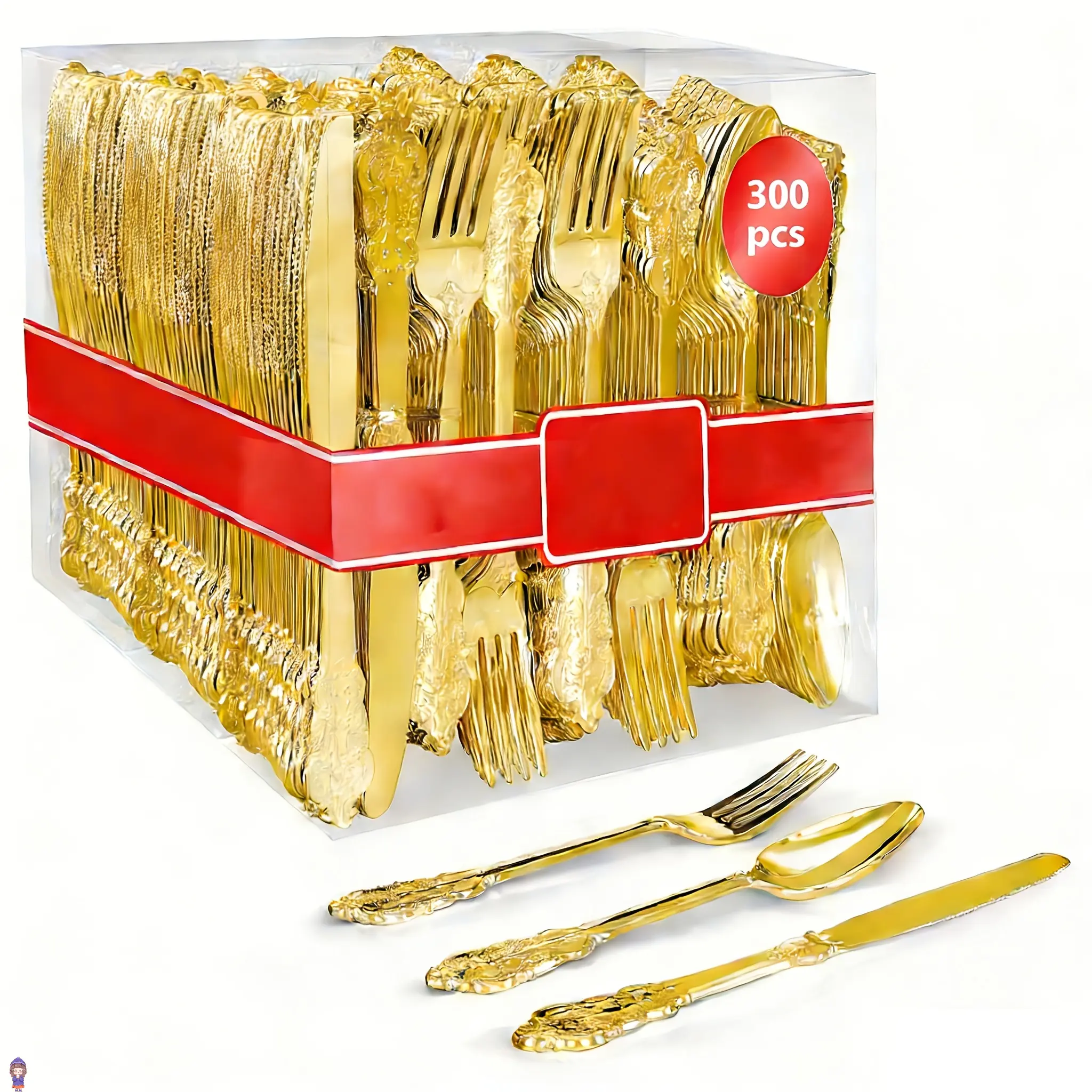 300pcs Disposable Gold Silver Plastic Cutlery Set for 100 Guests, Heavy-Duty Plastic Handle Dinner Sets, Ideal for Party, Wedding, Holiday Dinners