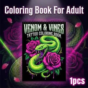 1 Pc Venom & Vines Tattoo Coloring Book for Adults - Spiral Bound, Single-Sided Thick No Bleed Paper, Relaxing Tattoo Art Designs with Snakes, Skulls & Roses, Stress Relief Coloring Pages, Perfect Gift for Women & Men