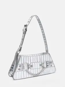 Y2K-Inspired Silver Faux Leather Baguette Purse - Crocodile Pattern with Buckle Straps - Bold Statement Accessory
