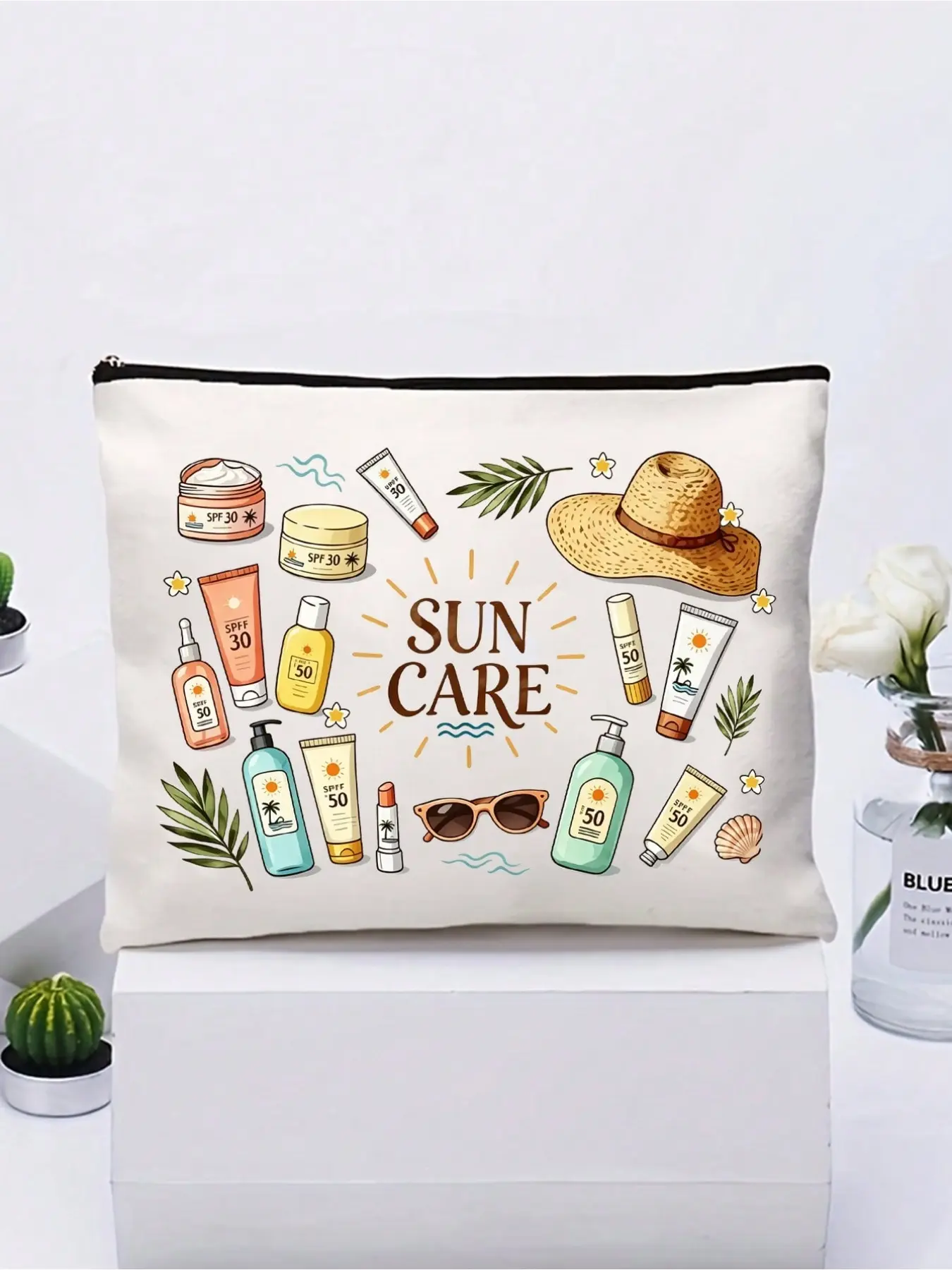 Sunscreen-themed printed makeup bag, zippered makeup bag, essential storage bag for beach vacations, can hold sunscreen, travel items, glasses, etc., suitable for summer beach, swimming, and daily use