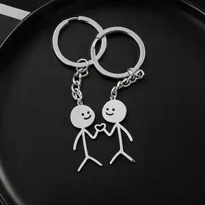 Premium Silver Metal Stickman Couple Keychain Set - Hand-in-Hand Heart Matching Keyrings, Car Key Accessory, Romantic Accessories, Gift for Partners on Anniversary, Valentine's Day