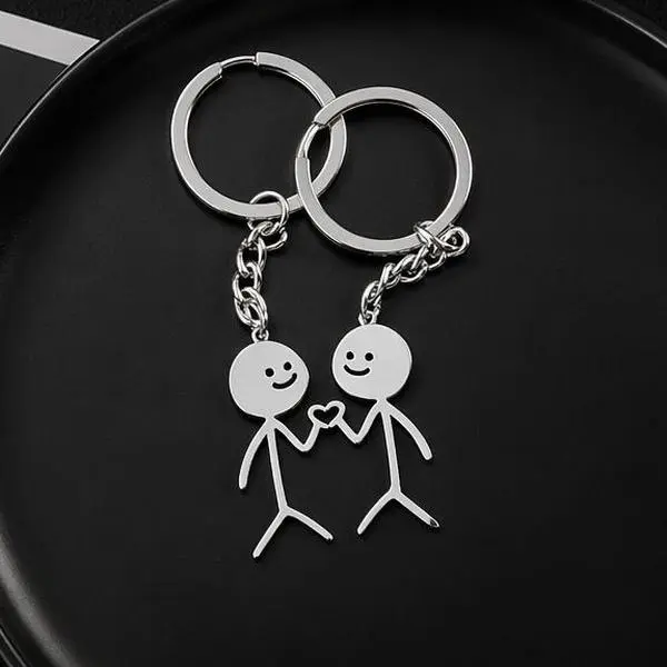 Couples Key Fob Set, Cute Silver Metal Stickman Hand-in-Hand Heart, Matching Boyfriend Gifts for Anniversary, Valentine's Day, Gifts For Boyfriend, Boyfriend Gifts Cute