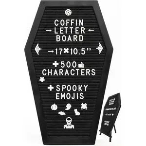 Coffin-Shaped Letter Board, Black, With Spooky & Seasonal Emojis, 550 Characters, Wooden Stand, 17x10.5 Inches, Goth Decor Sign, Witchy Halloween Decor, Gothic Decor, Birthday & Wedding Home Spooky Gift