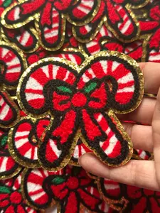Christmas Double Candy Cane Bow Patch, Chenille Iron on patch, Glitter border patch, Iron On patch, Hat Patch, Christmas patch