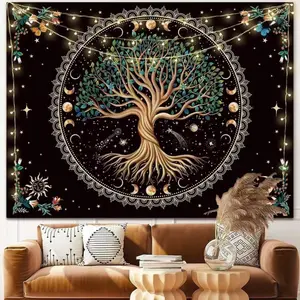 Moon Phase Tree of Life Tapestry Nature Flower Plant Butterfly Tapestries Boho Mandala Spiritual Tapestry Aesthetic Wall Hanging for Home Decor Bedroom Living Room Dorm Decor (35.44" x 47.25", Blue) Decorative Floral
