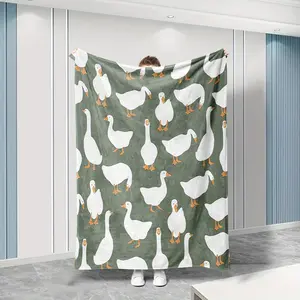 Cute White Goose Print Sage Green Plush Throw Blanket Soft Cozy Flannel Warm Fuzzy for Bedroom Sofa Couch Perfect Gift for Kids Women Men Goose Fans Home Decor
