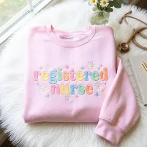 [FLASH SALE] Registered Nurse Embroidered Sweatshirt – Pastel Daisy Flower Graphic Tee