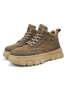 Unisex Trendy Logo Work Boots: Webbing Letter Patch, Side Seam Detail, Anti-Slip Platform. For Daily Outings/Stylish Looks