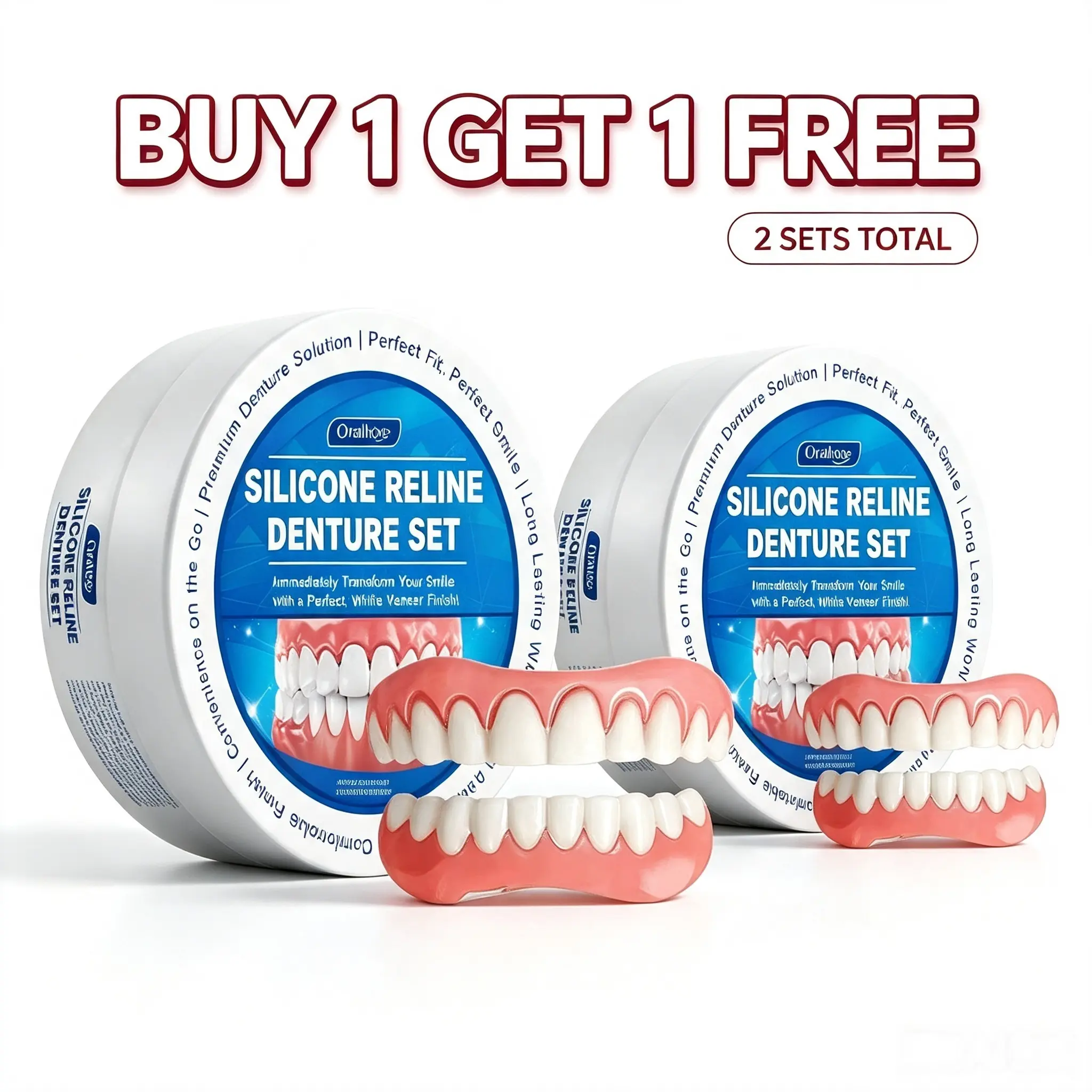 Oralhoe silicone denture beauty kit instantly upgrades your smile! Made of comfy material for daily wear, ideal for improving tooth appearance. Limited offer: Buy 1 Get 1 Free, receive 2 complete sets! #SnapOnVeneers #SmileMakeover #BeautyHacks