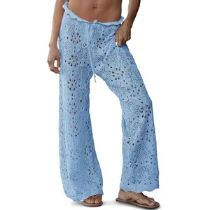 Womens Crochet Swimsuit Coverup Pants High Waisted Drawstring Sexy Sheer Mesh Knit Wide Leg Beach Pants