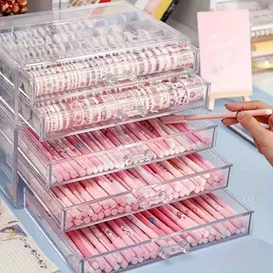 3-Layer Acrylic Desktop Organizer System with Integrated Pen Holders, Tape Dispensers, and Categorized Drawers. Features a Transparent Visual Design Paired with a Minimalist Style. Made from Durable Material Suitable for Office and Study Scenarios.