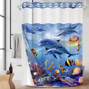 1PC 2D Flat Fun Ocean World Shower Curtain, 3D Dolphin Coral Design, Waterproof & Detachable Liner, Bathroom Curtain (No Hooks)