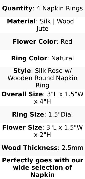 4 Pack Red Artificial Rose Flower Wooden Napkin Holders, Farmhouse Country Floral Napkin Rings - 4"