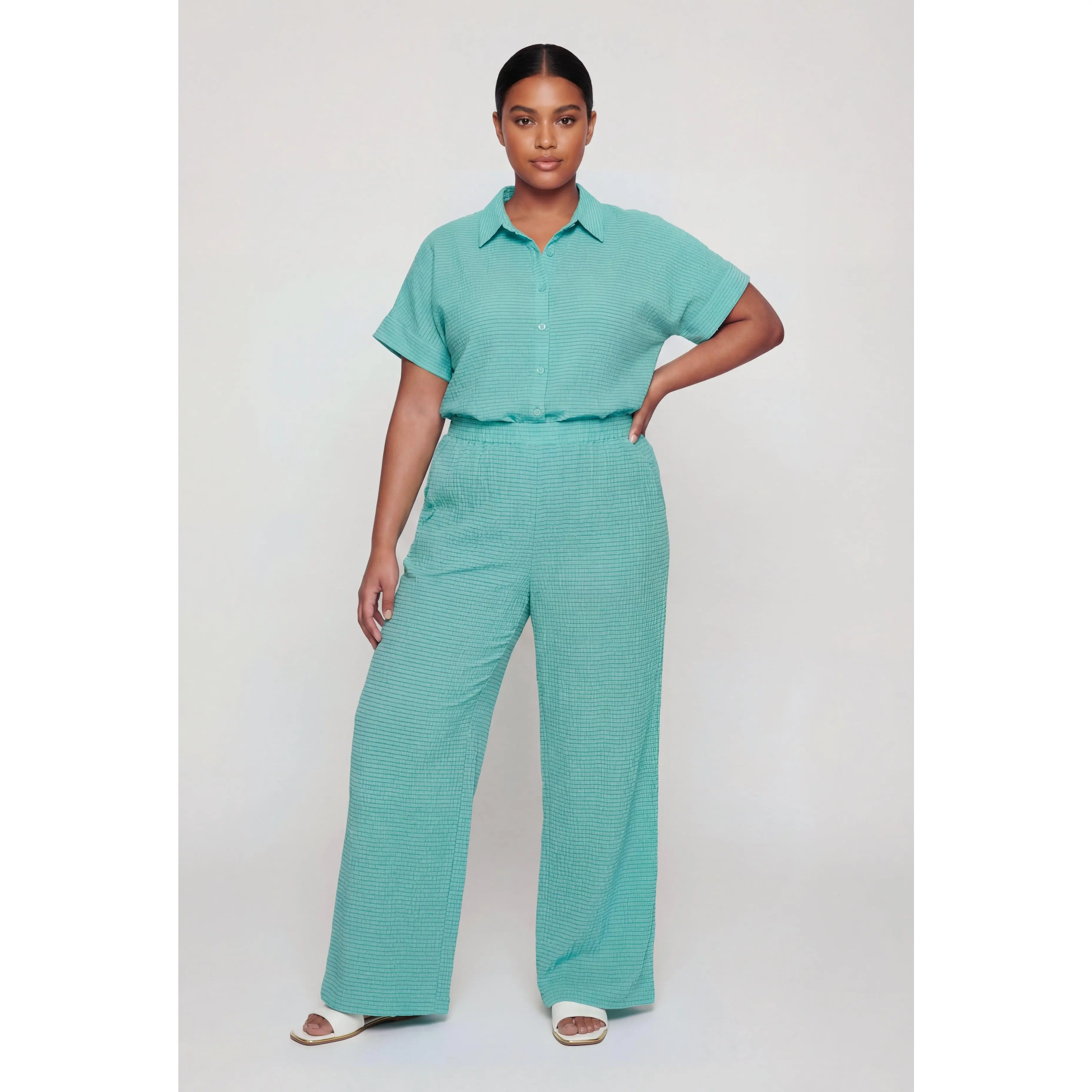 Plus Size High Waisted Seersucker Wide Leg Pants