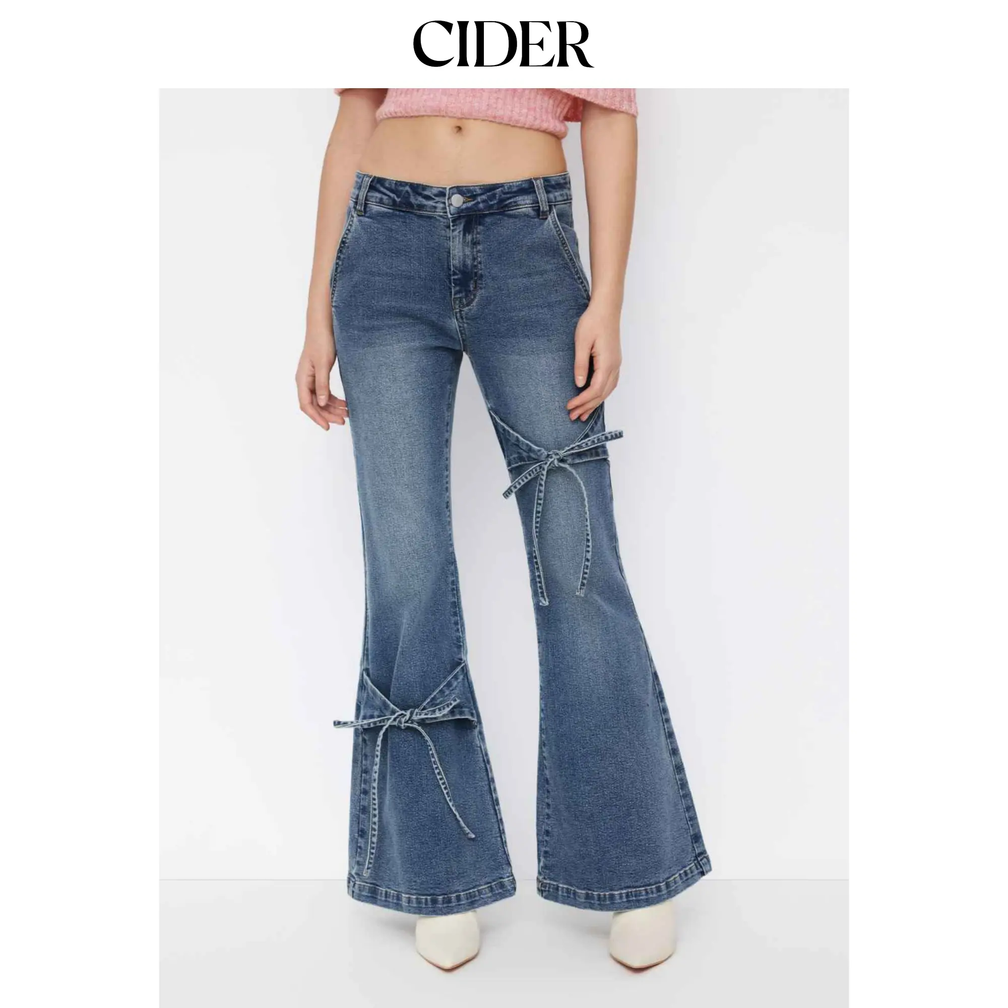 Cider Women's Retro Low-Rise Flare Leg Stretch Denim Jeans with Lace-Up Bowknot Detail