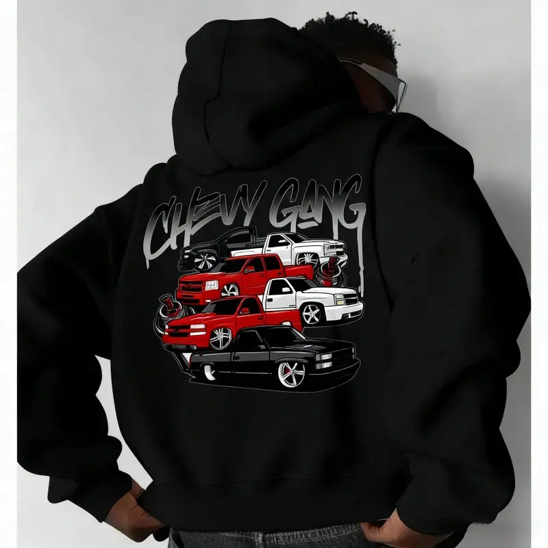 Chevy Gang Graphic Hoodie Chevy Silverado Men's Cotton Hooded Sweatshirt Old School Chevy Hoodie Gift for Him Truck Hoodie Classic Chevy Truck Casual Menswear Fabric Top Breathable Jacket Joggers Layer Outfit Sweater Hoodie Streetwear mas