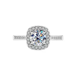 Square Base, Halo Setting Technique, Sterling Silver Moissanite Ring