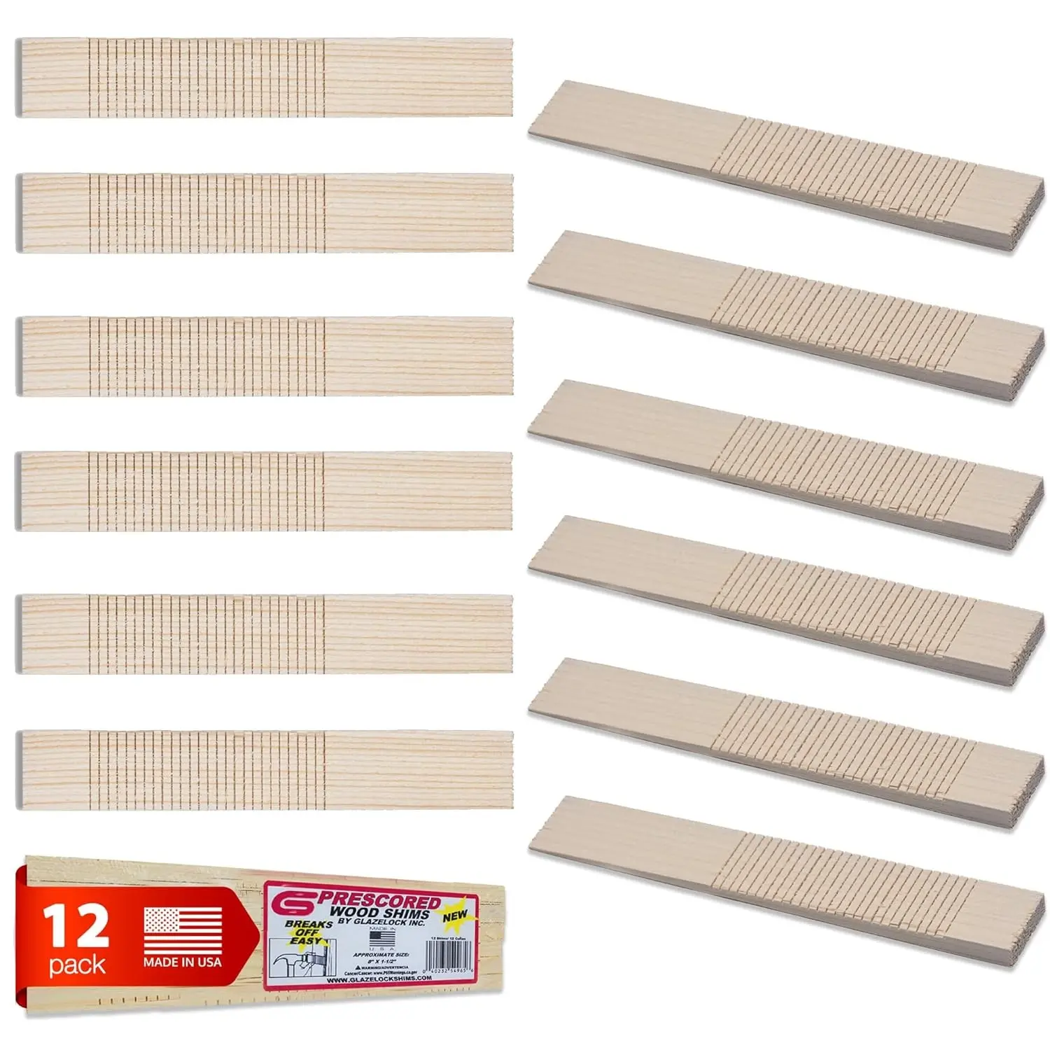 Prescored Wood Shims for Leveling (12 Shims) 8-Inch Length - Professional Quick-Snap Scored Pine Wooden Wedges to Level Doors, Windows, Indoor Cabinets, Counters, Drywall - Made in The USA