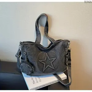 2026 New Korean Style Denim Tote Bag for Students, Large Capacity Versatile Shoulder Bag with Wide Strap, Casual Crossbody Bag for Daily Commute summerwins