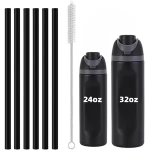 6 count Replacement Straws for  Water Bottle 24 oz 32 oz,  Plastic  Grade Drinking Straws with Cleaning Brush Compatible for  Cup 24oz 32oz Tumbler Accessories (Black, 24oz/32oz)