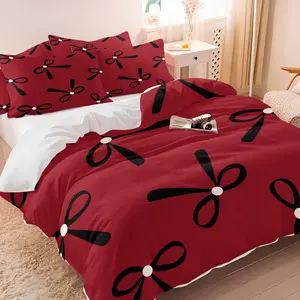 Red Bedding Set Features A Black Bow Print And Includes One Duvet Cover And Half An Unfilled Pillowcase. The Classic Color-blocked Pattern Exudes A Retro Charm, And The Soft, Comfortable Fabric Is Suitable For All Rooms.