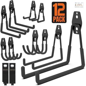 EC 12 Pack Black Steel Garage Wall Storage Hooks with 2 Extension Cord Holders, Heavy Duty Wall Mount Utility Hangers with Installation for Bike, Ladder Organiser