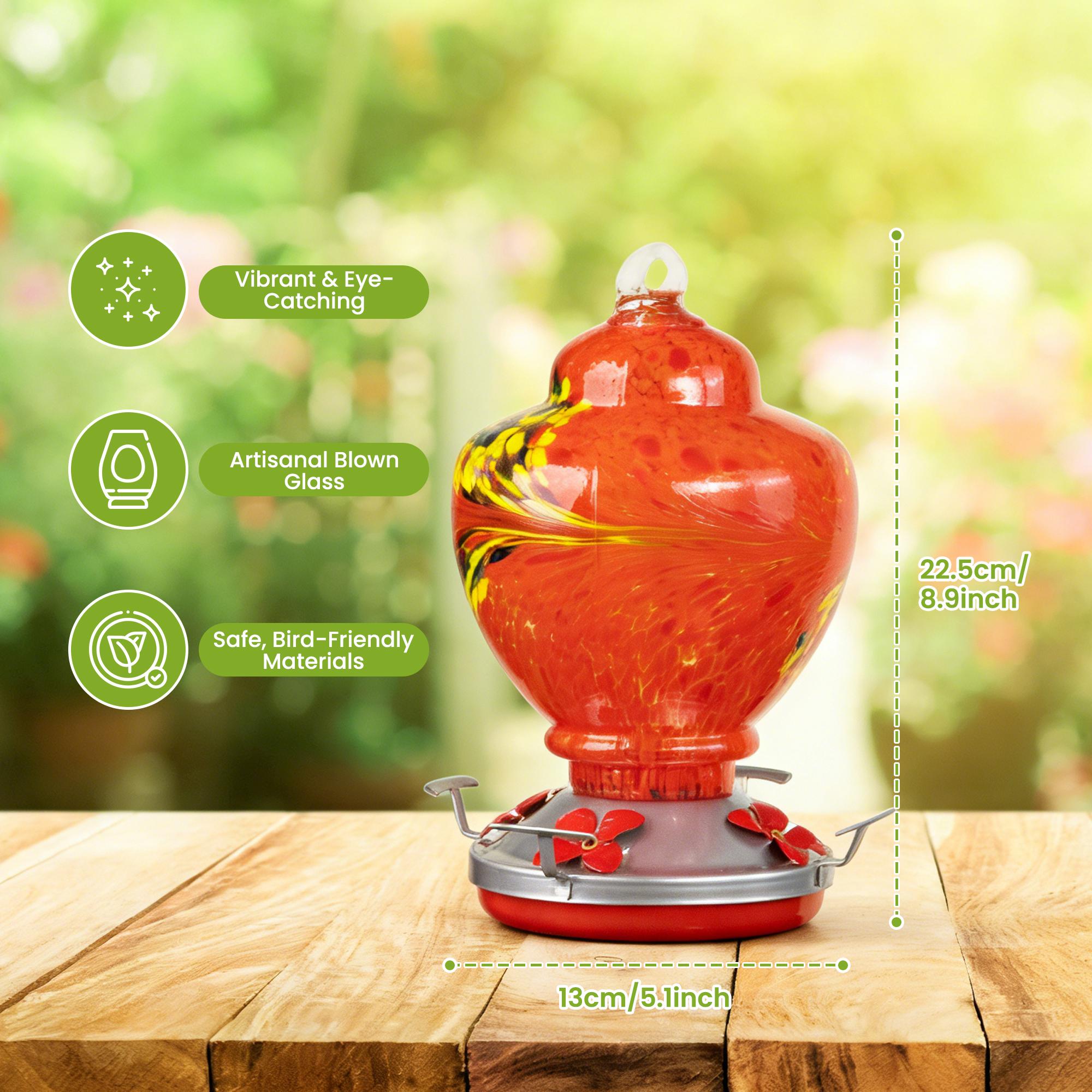 ennvaofficial outdoor garden large hummingbird feeder, 32-ounce colorful hand-blown glass hummingbird feeder, equipped with an anti-ant guard, hanging hook, rope, brush, and service card (red)