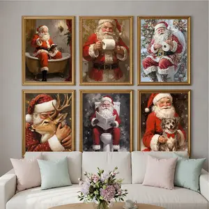 Christmas Wall Decorations Poster Cute Santa Claus Holding Toilet Paper Art Prints Unique Bathroom Posters Farmhouse Style Wall Decorations Beautiful Santa Claus Decorative Canvas Prints Suitable for Bedrooms and Bathrooms
