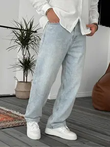 Straight Leg Denim Jeans Cotton Slant Pockets Washed Jean, Casual Fitted Wide Leg Jeans, Couple Matching Straight Loose Fit