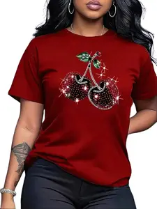 Women's Short Sleeve T-Shirt with Sparkly Rhinestone Cherry Graphic Perfect for Parties Casual Dates and Daily Urban Fashion