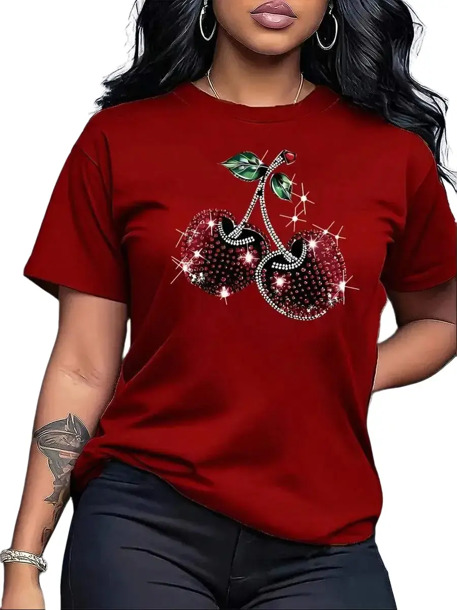 Women's Short-Sleeve Sports Top with Sparkly Rhinestone Cherry Graphic, Chic Everyday Wear for Parties & Casual Dates (Pairs with Jeans, Skirts), Shortsleeve, Comfortable, Lady, Piece, Round Neck, Style, Rhinestones, Crew Neck, Daily Wear