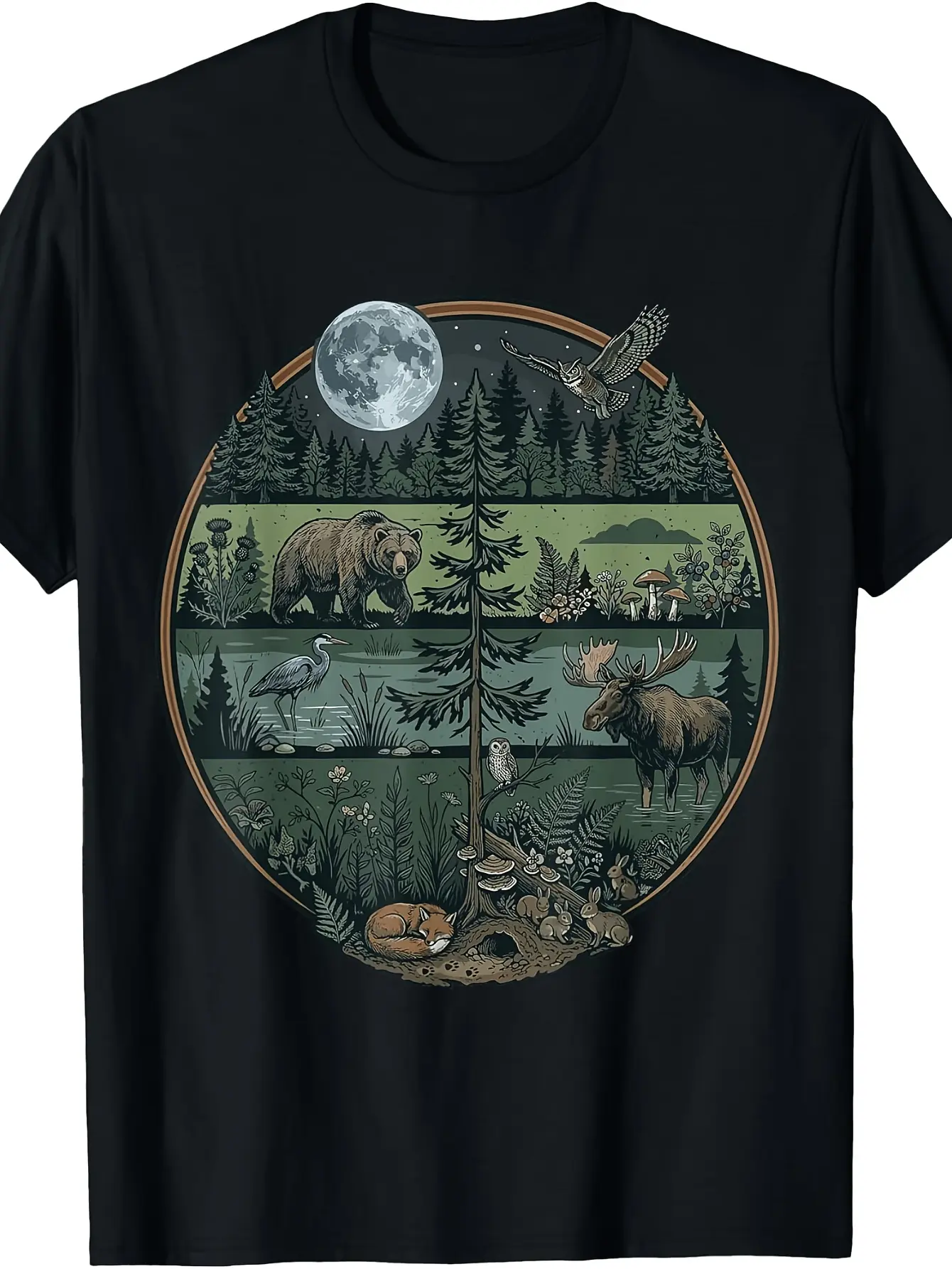 Forest Retro Trees Nature Wildlife Outdoor Men Wom unisex soft cotton short sleeve t shirt, vintage graphic casual tee for men women teens, perfect birthday holiday gift for camping travel gym daily street  wear