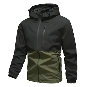 Men's Colorblock Hooded Windbreaker Jacket, Black and Green Outdoor Waterproof Shell Jacket, Mountaineering Hiking Casual Coat